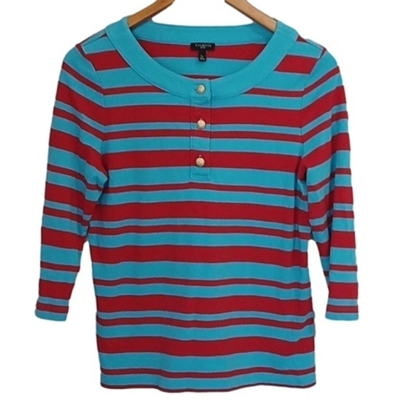 Talbots Pima Cotton Blue/Red Stripes Henley Gold Button Tee - Picture 1 of 6